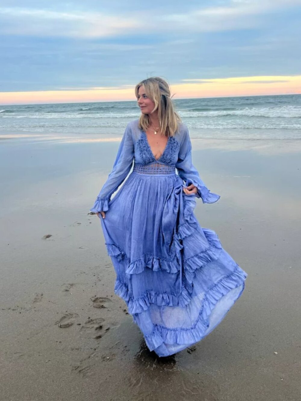 FREE PEOPLE Seraphina Metallic Ruffled Lace Cutout Maxi Dress in Elastic Blue XS